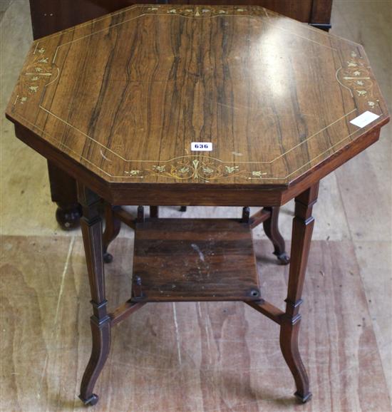 Inlaid octagonal 2 tier rosewood  table, signed Shoolbred(-)